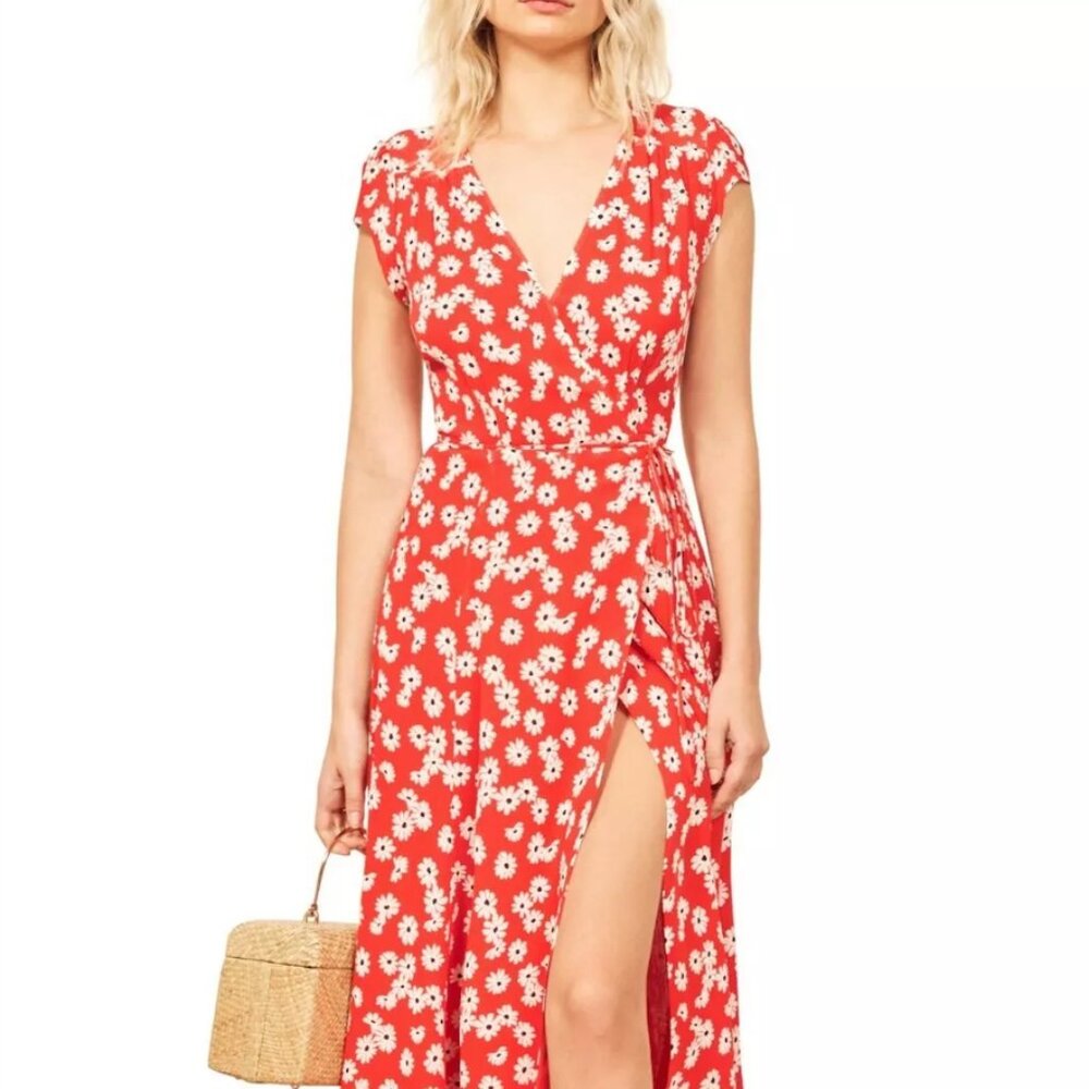 REFORMATION Oopsie Daisy Floral CARINA Georgette True Wrap Tie Midi Dress Sz L